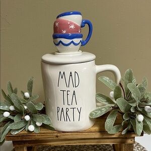 Disney Rae Dunn Alice in Wonderland “ Mad Tea Party”double sided mug w/Topper